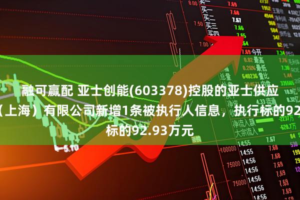 融可赢配 亚士创能(603378)控股的亚士供应链管理（上海）有限公司新增1条被执行人信息，执行标的92.93万元